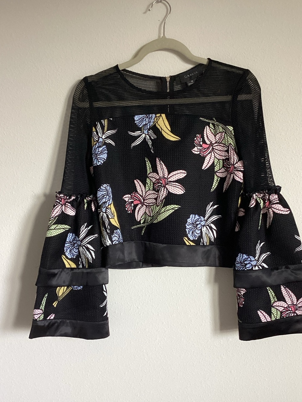 Gracia Black Floral Mesh Bell-Sleeve Crop Top